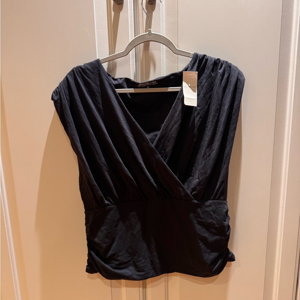 Abercrombie & Fitch Black Wrap Ruched Cap Sleeve Blouse